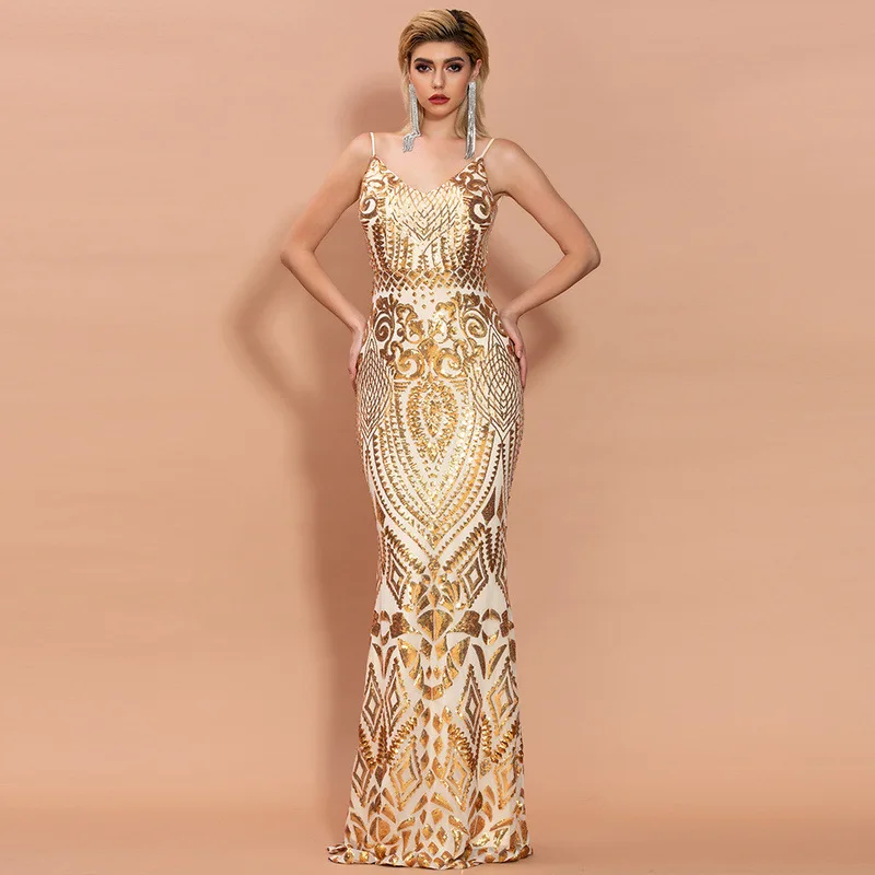 Вечернее платье труба HotSaleSequined Спагетти ремень v-образным вырезом спинки сексуальные женщины знаменитости тело кон длинные платья оптом