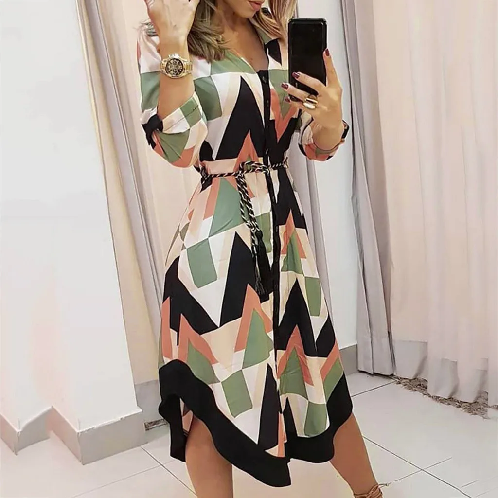 Spring Summer Lady Cover Up Shirt Dress Women Holiday Style Feminino Print Casual Ladies Long Sleeve V-Neck | Женская одежда