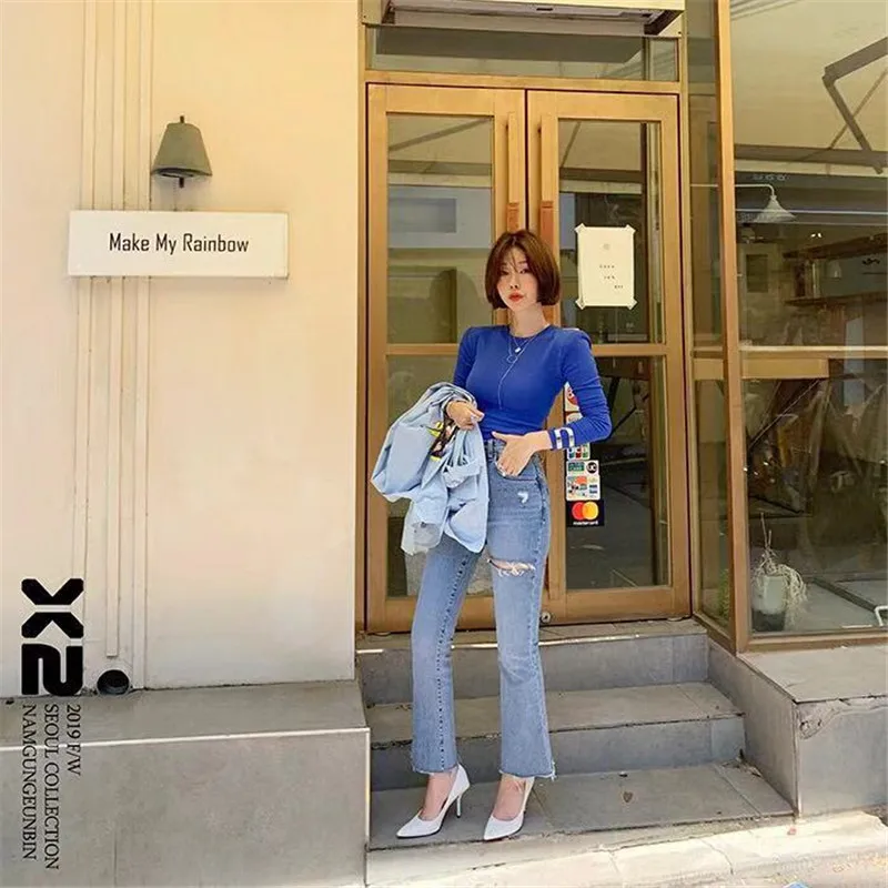 RUGOD O-neck T-shirts Solid Blue Long Sleeve Tops Shirts Women Casual Lady Cotton Tops Basic Tops