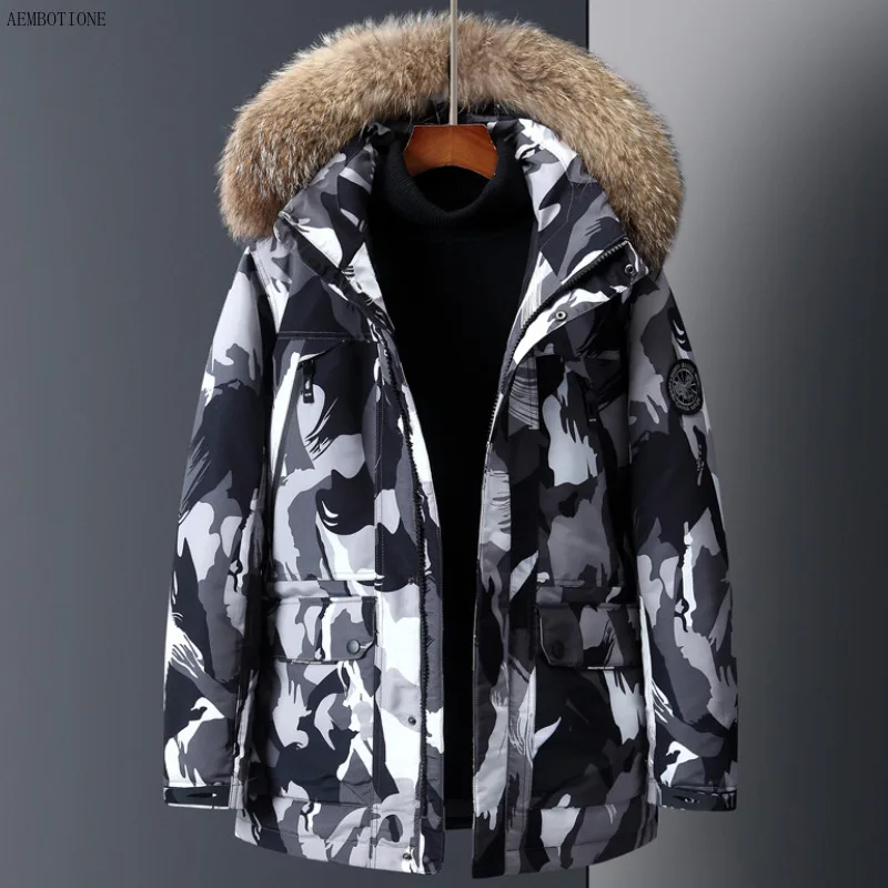 70% белая мужская зимняя парка на утином пуху Толстая теплая верхняя одежда с