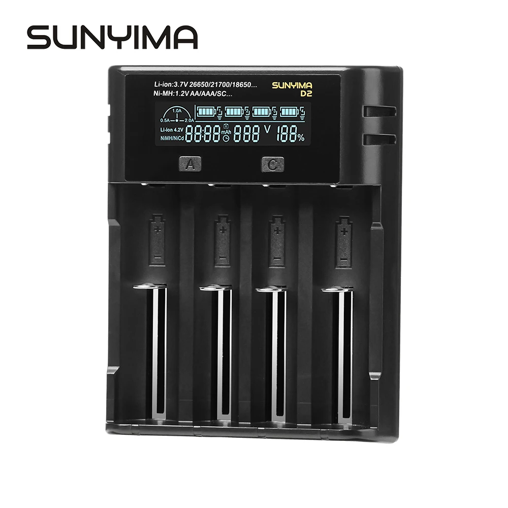 SUNYIMA D2 3 7 V 18650 4 Слот c Батарея Зарядное устройство для AAA/AA 5V2A ЖК-дисплей/usb-камера с