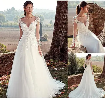 

Elegant A-line Country Boho Wedding Dresses Long Sleeves Lace Appliques Tulle Princess Bridal Dress Jewel Neckline Wedding Gowns