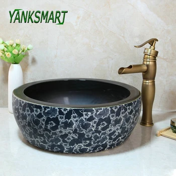 Price YANKSMART Ceramic Round Bathroom Counter Top Washbasin Antique Brass Faucet Set Deck Mounted Cold & Hot Water Mixer Tap Kit