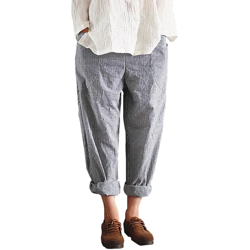 Новинка, женские штаны в полоску, эластичная талия, свободные, pantalones mujer, весна, хлопок, лен, для женщин размера плюс, одежда, Vinage Trousers