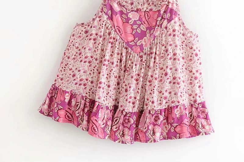 Boho chic, женский розовый короткий топ без рукавов с цветочным принтом, богемный пляжный жилет, короткая майка из искусственного шёлка с оборками, уличная одежда для женщин