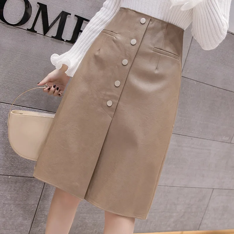

2019 Autumn And Winter New Style Pu Medium-length Leather Skirt A- line Skirt
