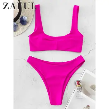 

ZAFUL Women Dimorphotheca Magenta High Cut U Neck Bikini Swimsuit Solid Color Wire Free Women Swimwear Two Piece Bathing Suits
