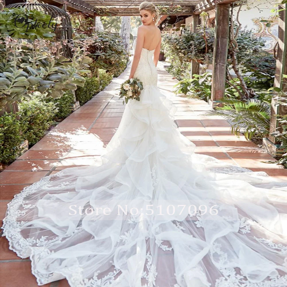 Optcely изысканный и вырезом сердечком, сексуальным вырезом на спине Vestido de Noiva Русалка без рукавов свадебное платье новые аппликации платье с бисером