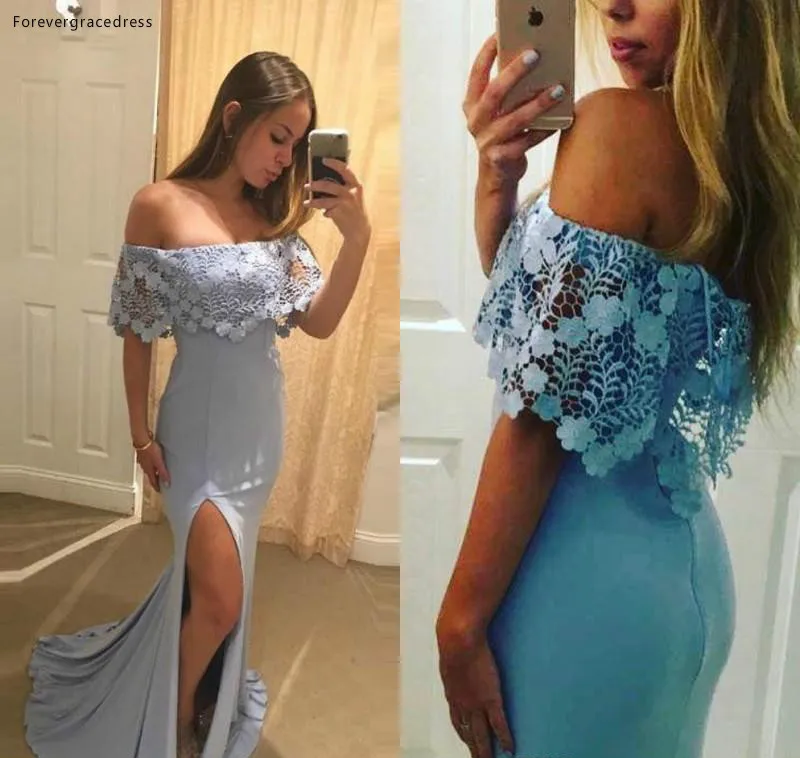 Light Blue Slit Side High Prom Dresses 2018 Off The Shoulder Lace Sexy Evening Gowns Custom Made African 108 (2)