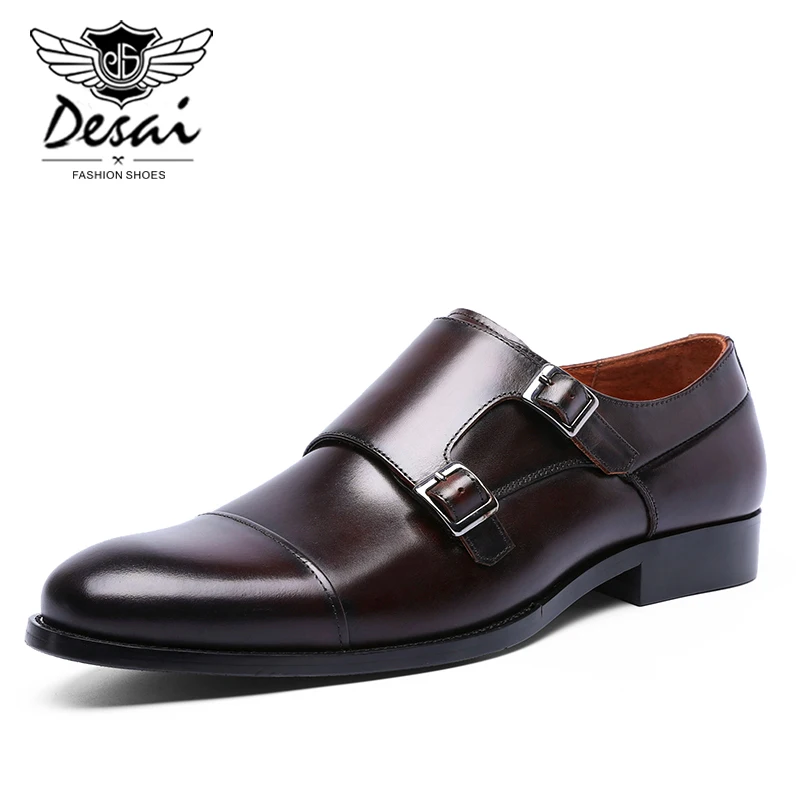 Desai бренд Обувь в деловом стиле из натуральной кожи с двойной застежкой-пряжкой и нарядные туфли для мужчин в стиле ретро декоративными застежками, пряжками и острым Для мужчин gke Для мужчин Мужская обувь - Цвет: Dark Brown