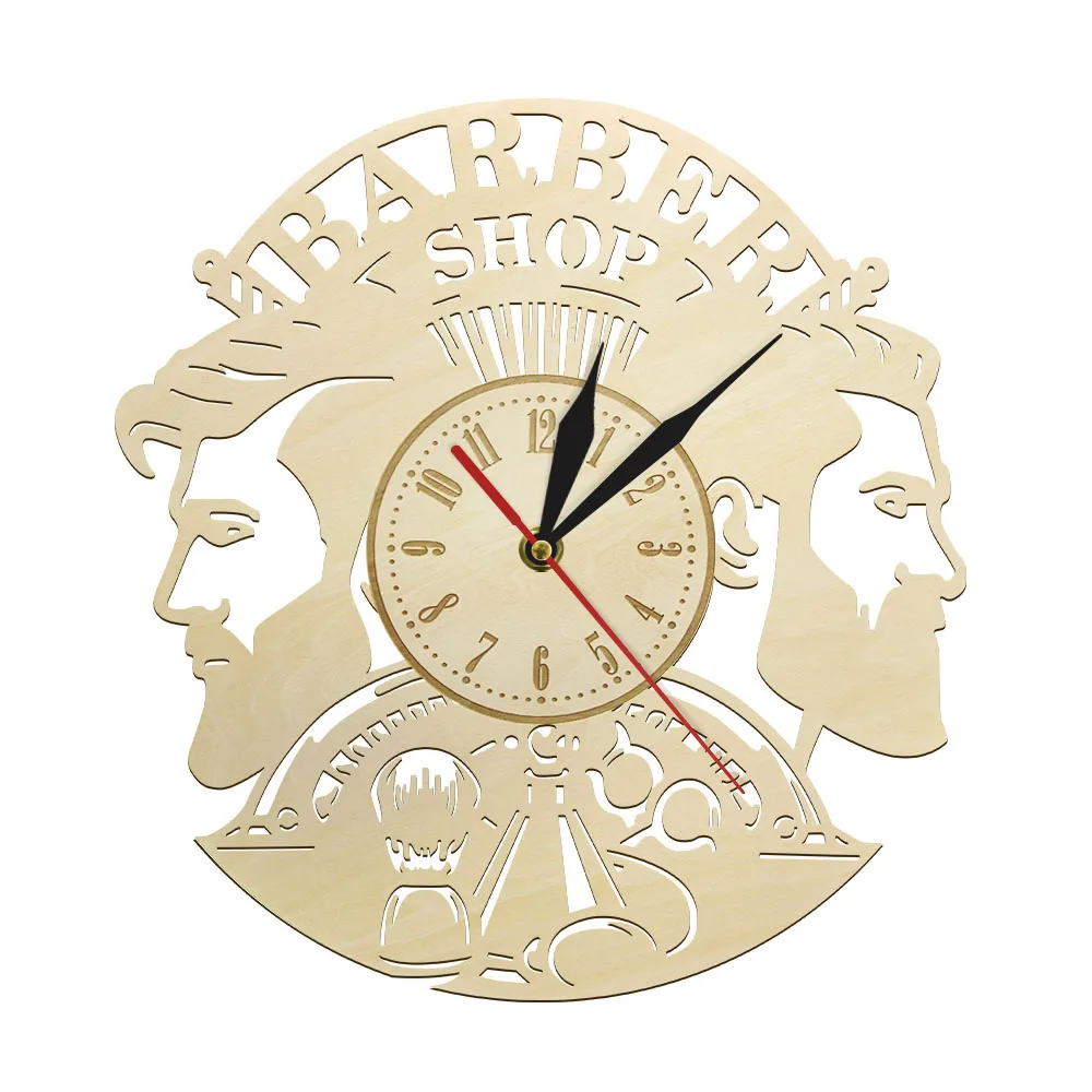

Barber Shop Logo Wooden Clock Fashion Hairstyle Men Salon Room Decor Wall Clock Rustic Hairdresser Wall Watch
