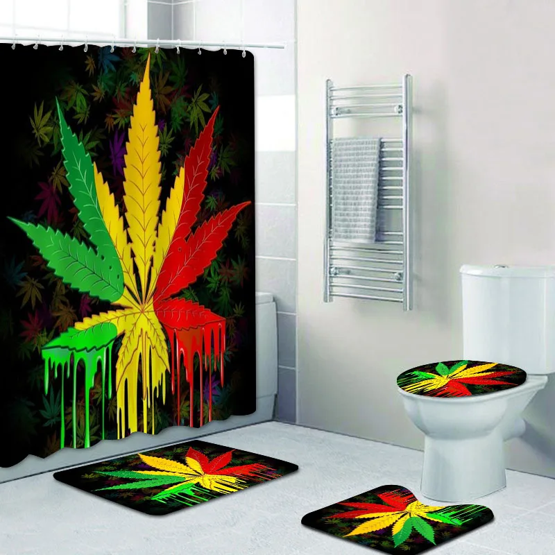 Green Marijuana Leaves Pattern Waterproof Fabric Shower Curtain Set Bathroom Mat 
