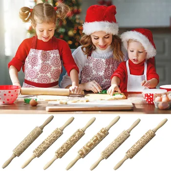 

Christmas Rolling Pin Engraved Carved Wood Embossed Rolling Pin Kitchen Tool