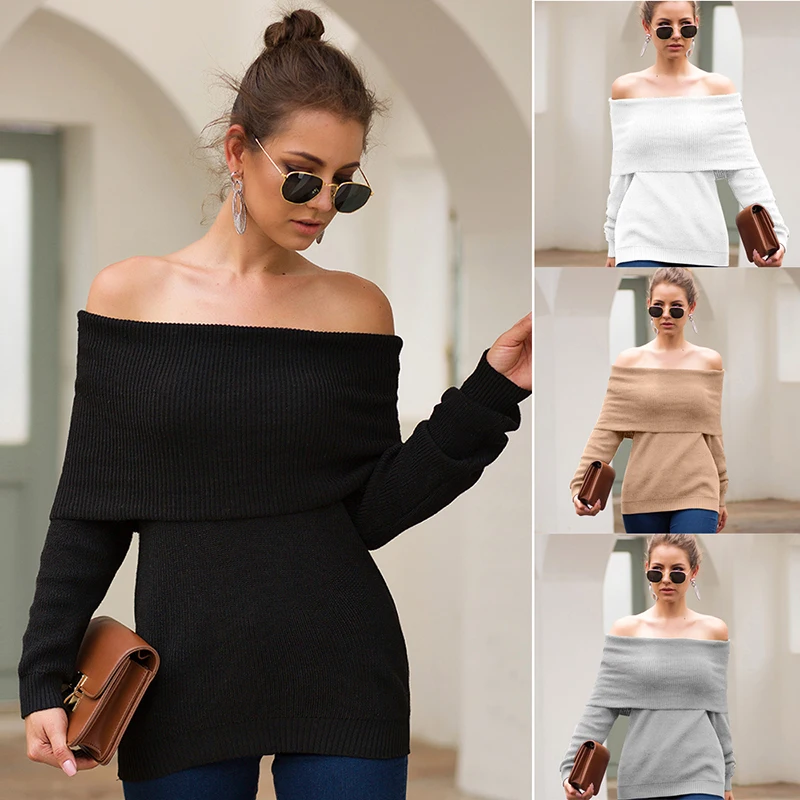 Knitted Sweater Pullover Women Autumn Winter Off Shoulder Loose Sexy Slim Women Clothes Knit Sweater Women Tops Pullover 2019 (16)