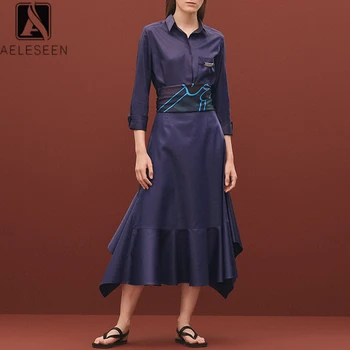

AELESEEN Runway Fashion Women Sets 2020 High Quality Purple Blouse + Patchwork Contrast Color Print Irregular Skirt Holiday Sets