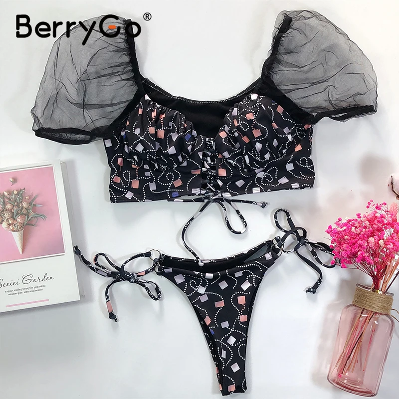 BerryGo, сетчатый рукав, сексуальный комплект бикини, женский купальник, бразильский купальник с принтом, женский купальник с высоким вырезом, купальный костюм, бикини