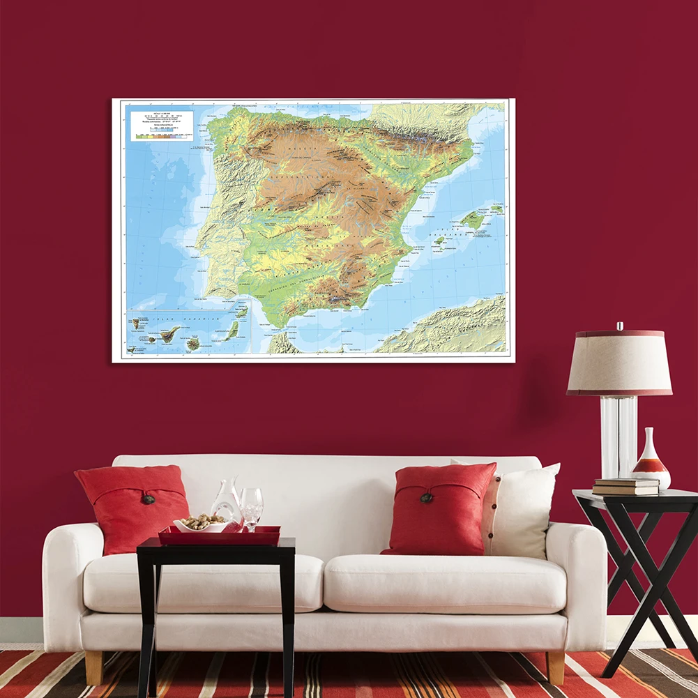 150*100 cm Map of The Spain Topographic (In Spanish) Non-woven Canvas Painting Wall Art Poster School Supplies Home Decoration