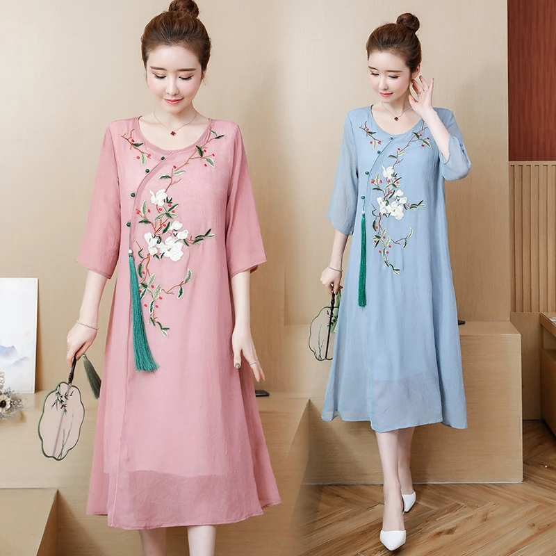 

Chinese Style Floral Embroidery Chiffon Dress Women Large Size Loose Spring Dresses Chic Tassel Midi Dress Vestidos Feminina