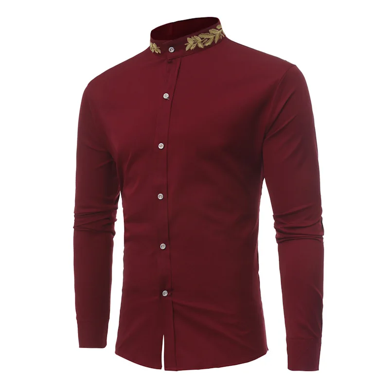 

Mens Gold Embroidery Dress Shirts 2021 Brand Stand Collar Men Slim Fit Shirt Casual Long Sleeve Male Social Shirt Chemise Homme