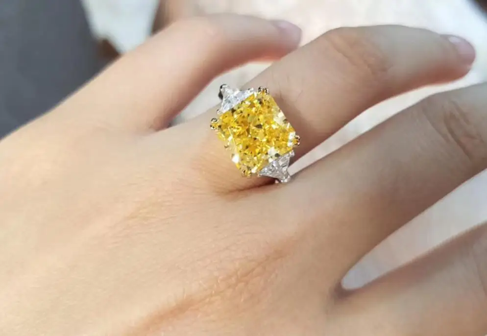 925 Sterling Silver fashion cz crystal Yellow Square Stone ring Romantic Wedding Rings famous jewelry Female 5ct | Украшения и