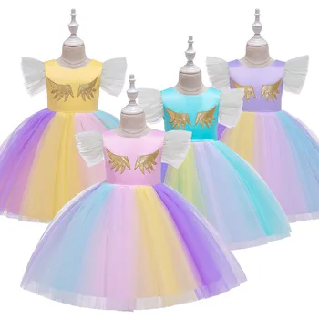 

Halloween ins new children's dress flying sleeve Unicorn girl pompous Princess Dress stage costume Birthday gift Sets Clothes