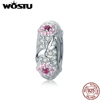 

WOSTU 925 Sterling Silver Plum Blossom Spacer Flower Stopper Pink Zircon Charm Fit Original Snake Bracelet DIY Jewelry BNC152