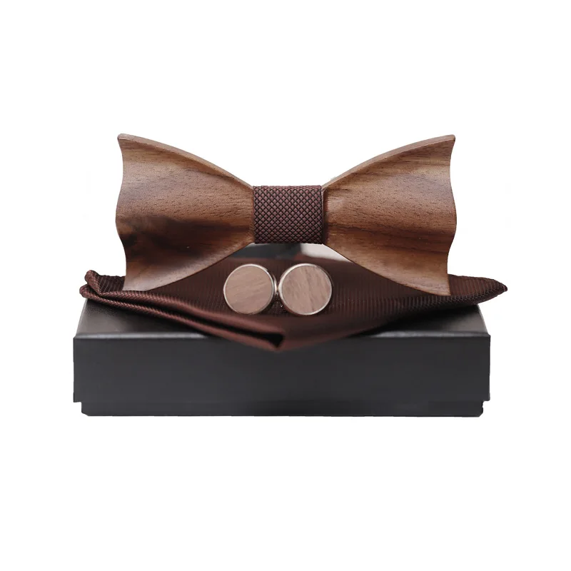  1920s Mens 3D Wooden Bowtie Pocket Square Cufflinks Set Brown Black Jacquard Handkerchief Bow Tie S