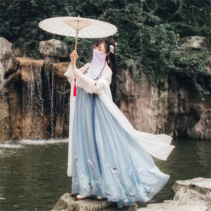 Hanfu платье для женщин Фея Традиционный китайский национальный костюм журавль принт Винтаж Новогодняя одежда народный танец китайская принцесса косплей - Цвет: Hanfu