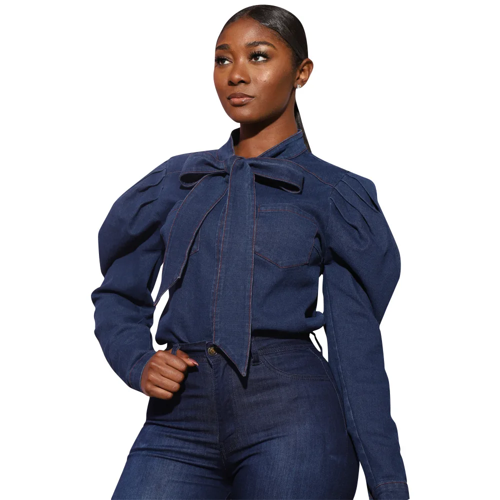 fashion lady deep blue denim blouse tops 2019 lace up bow collar