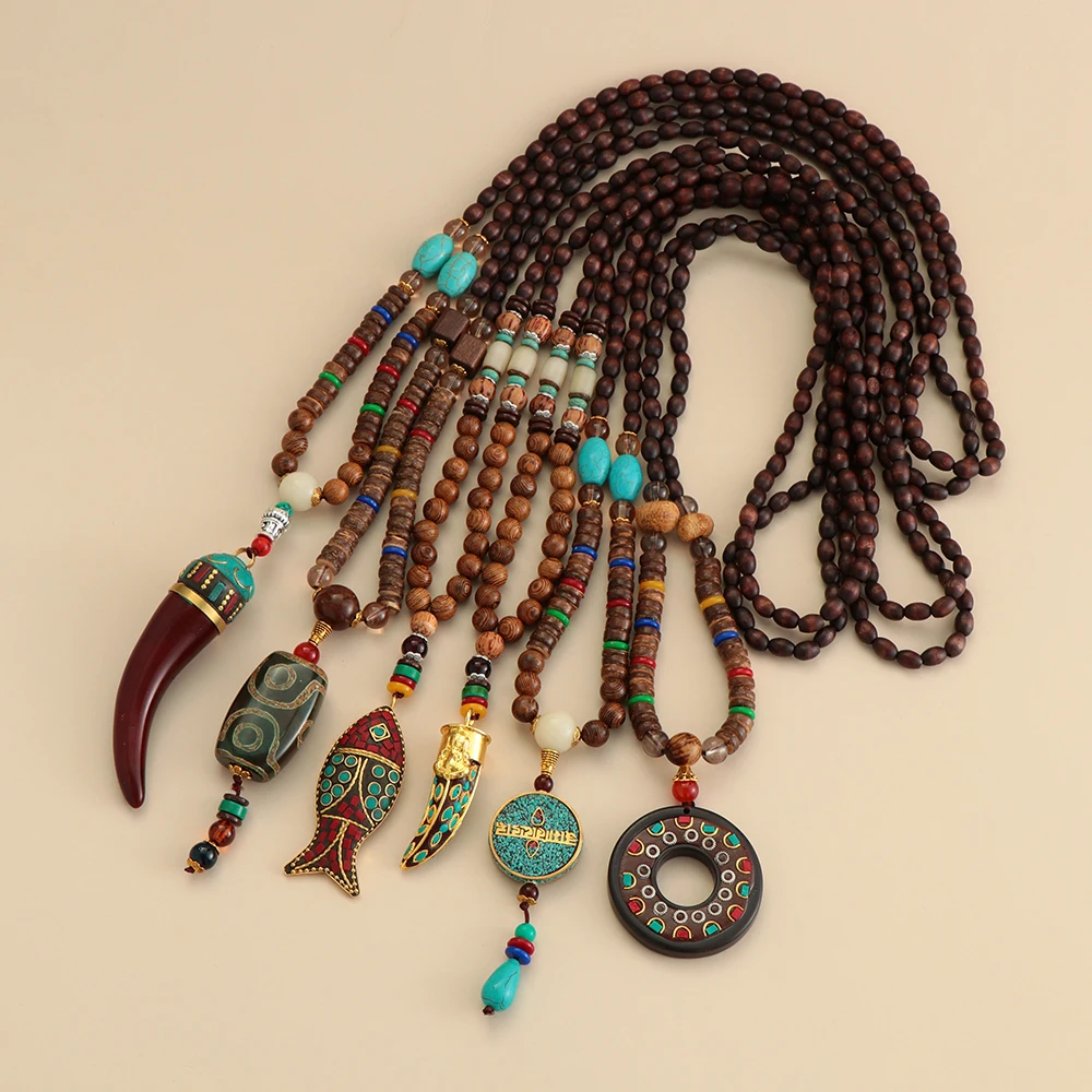 Long Vintage Beaded Boho Necklace With Pendant