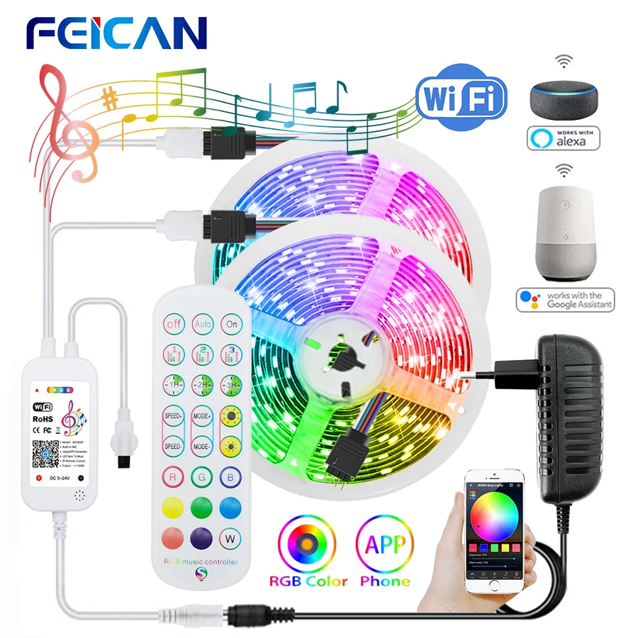 WiFi RGB LED Strip Lights 12V 5M 20M 10M RGB Tape 5050 18LEDs/M Music Sycn  Works with TUYA Alexa Flexible Strip for Decoration|LED Strips| - AliExpress