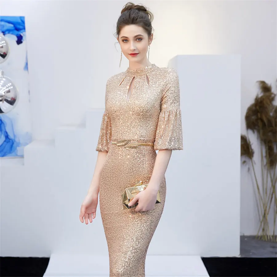 Длинные вечерние платья размера плюс Robe De Soiree DX266-2 цвета шампанского золота с круглым вырезом женское вечернее платье с блестками элегантное платье русалки