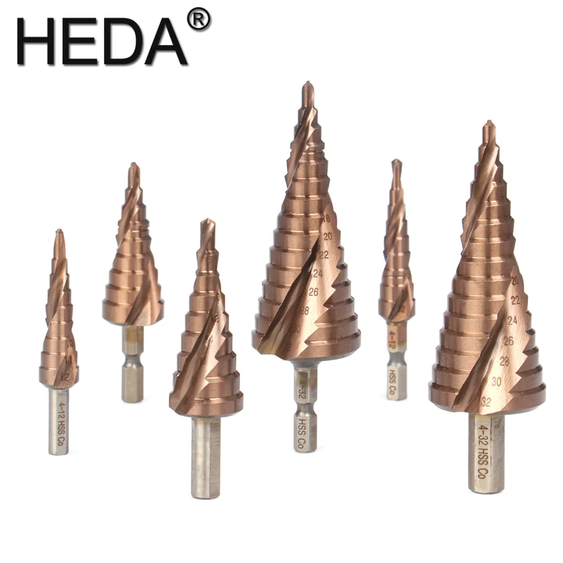 15Steps 4-32mm High Speed Steel Cobalt Coated Hex Shank Spiral Grooved Metal HSS M35 Conical Drill Bits Step Cone Cutter Tools