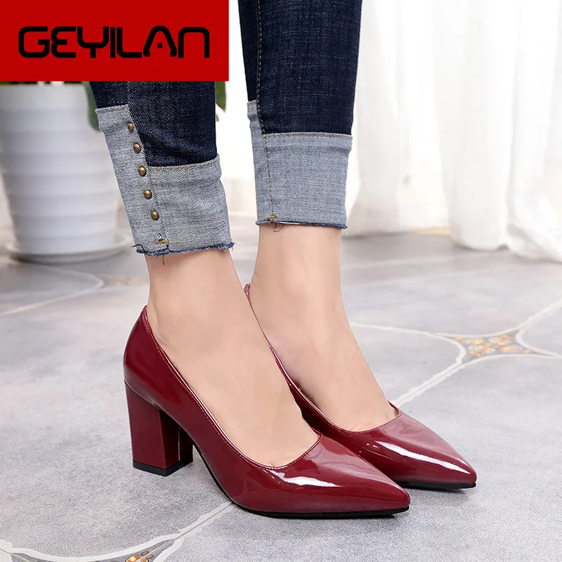 

2019 New Women Pumps Black High heels 7.5cm Lady Patent leather Thick with Autumn Pointed Single Shoes Female Sandals Big 33-43
