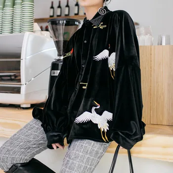 

iMucci 2020 Turn-down Collar Fashion Blouses Long Sleeves Vintage Printing Loose Big Size Korean Women Shirt Tide TM1237