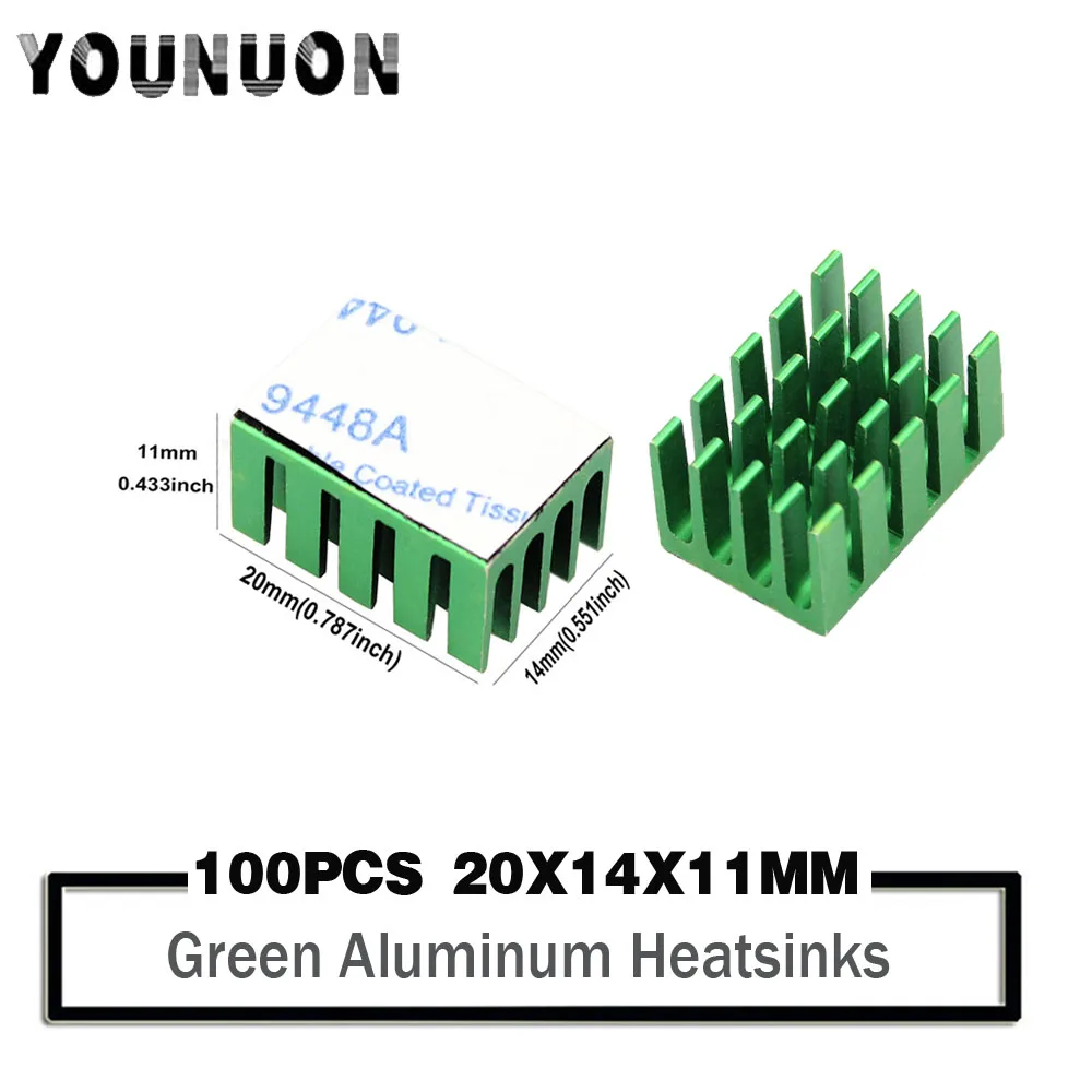 Younuon 20*14*11 mm Verde Alumínio Dissipador de Calor Radiador para Chip Eletrônico Led Ram Cooler Refrigerar 20x14x12 mm 100 Pcs