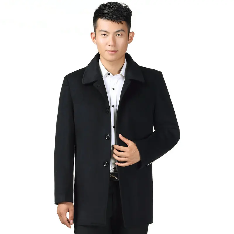 

Early Winter Man Black Tweed Coat Turn Down Collar Singer Breasted Wool Blend Overcoat Male Soild Color Warm Woollen Outerwear