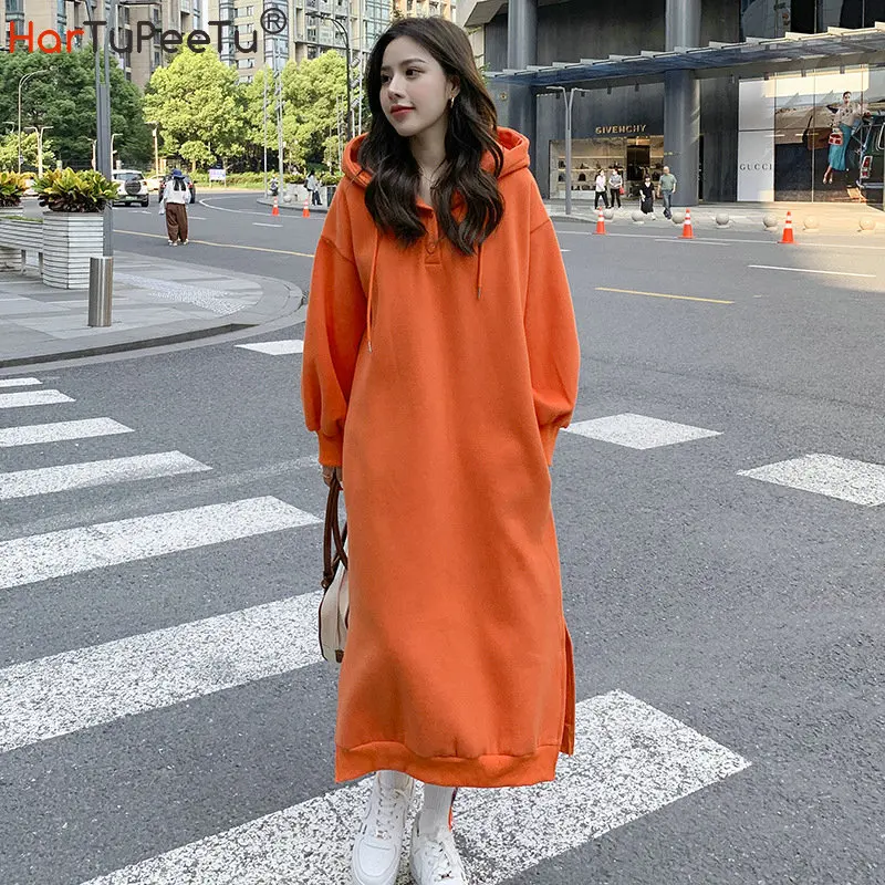 Orange Long Hoodie Dress Women Cotton 