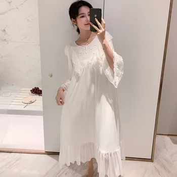 

Ladies Nightgown Autumn Nightdress Vintage Sleepwear Dress White Long Sleeves Nightgown Sweet Woman Princess