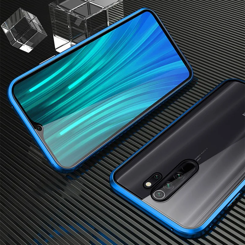 Blue Передний+ задний прозрачный стеклянный магнитный металлический чехол для Xiaomi Redmi Note 8 Note 8 Pro, магнитный бампер, роскошный жесткий защитный чехол - Цвет: Blue
