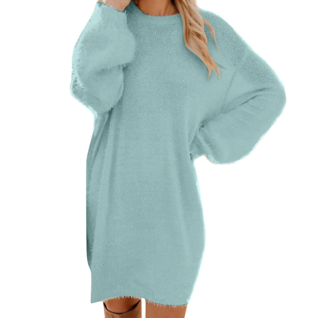 Sky Blue Женский зимний Однотонный свитер с длинным рукавом, флисовое теплое базовое короткое платье мини, pull femme hiver, Женский Длинный свитер с высоким воротом - Цвет: Sky Blue