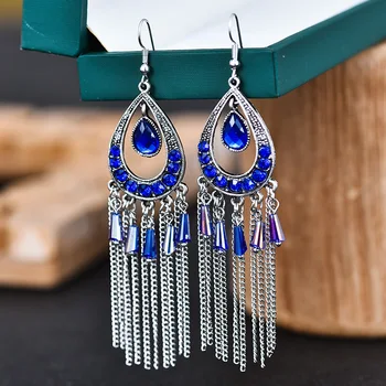 

Cool Retro Multilayer Long Chain Tassel Earring Europe and America-Style Water Droplet Diamond Set Alloy Elegant Ear Stud