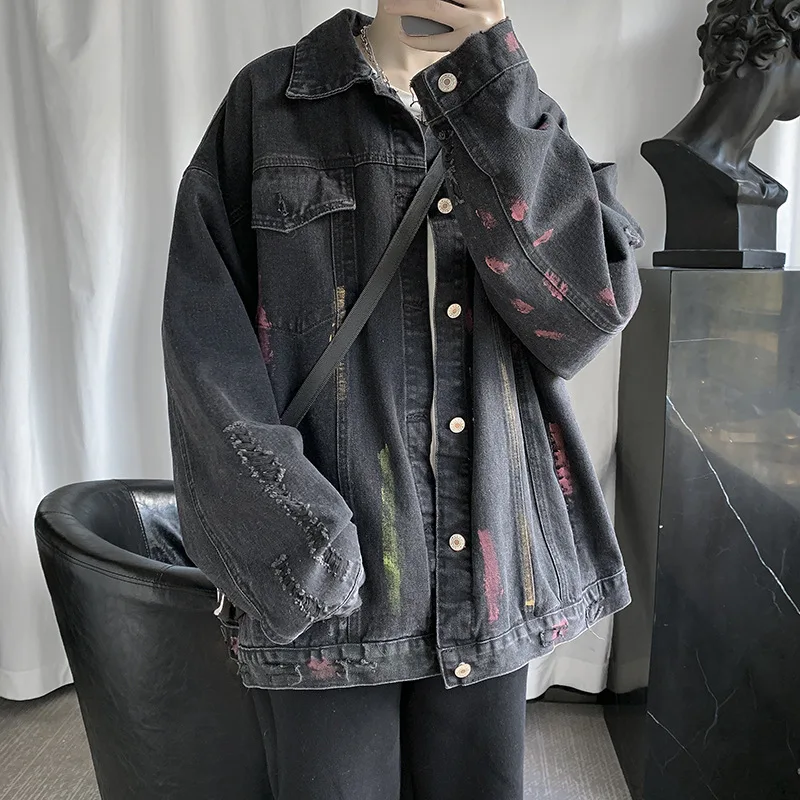 Men's Vintage Washed Ripped Denim Jacket Loose Casual Korean Long Sleeve Printed Overcoats Male Streetwear Hip Hop Coat Clothes 2