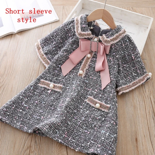 gray short sleeve Новинка; Лидер продаж; зимнее шерстяное платье для девочек; детское элегантное платье принцессы с бантом и жемчужными пуговицами для девочек; осенняя одежда с карманами для маленьких девочек - Цвет: gray short sleeve