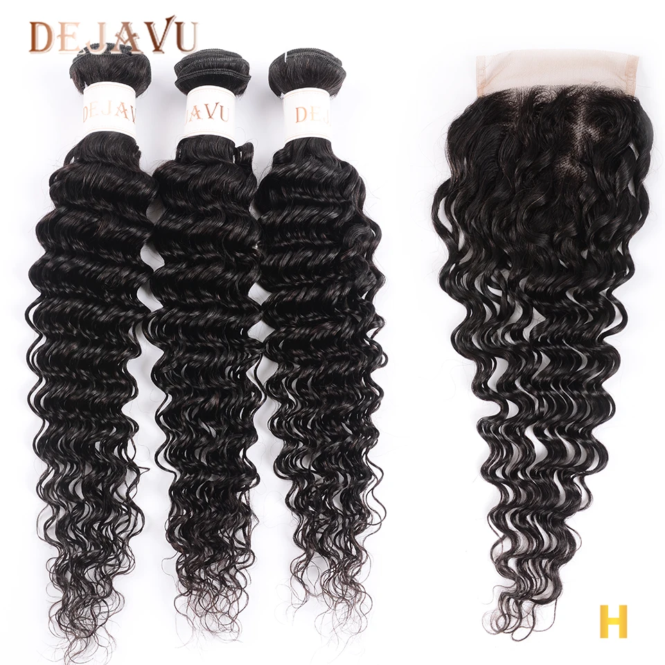 

DEJAVU Deep Wave 3 Bundles With Closure Non-Remy Peruvian Hair Bundles And 4*4 Closure Natural Color Bundles With Lace Closure