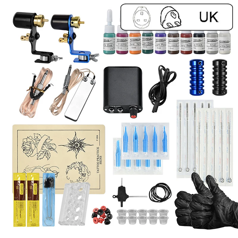 UK Plug Полный комплект питания для татуировки, тату-машина, пистолеты, черный пигмент, наборы, электропитание, тату для начинающих, оборудование захвата, Перманентный макияж - Цвет: UK Plug