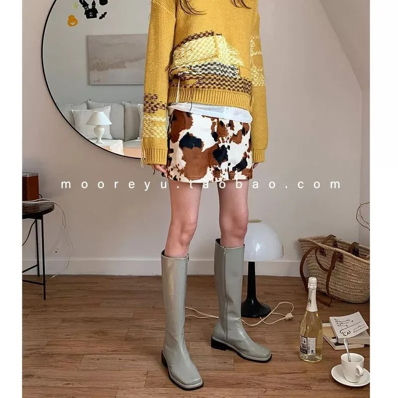 2021 new style square head knee length thick heel boots side zipper high boots
