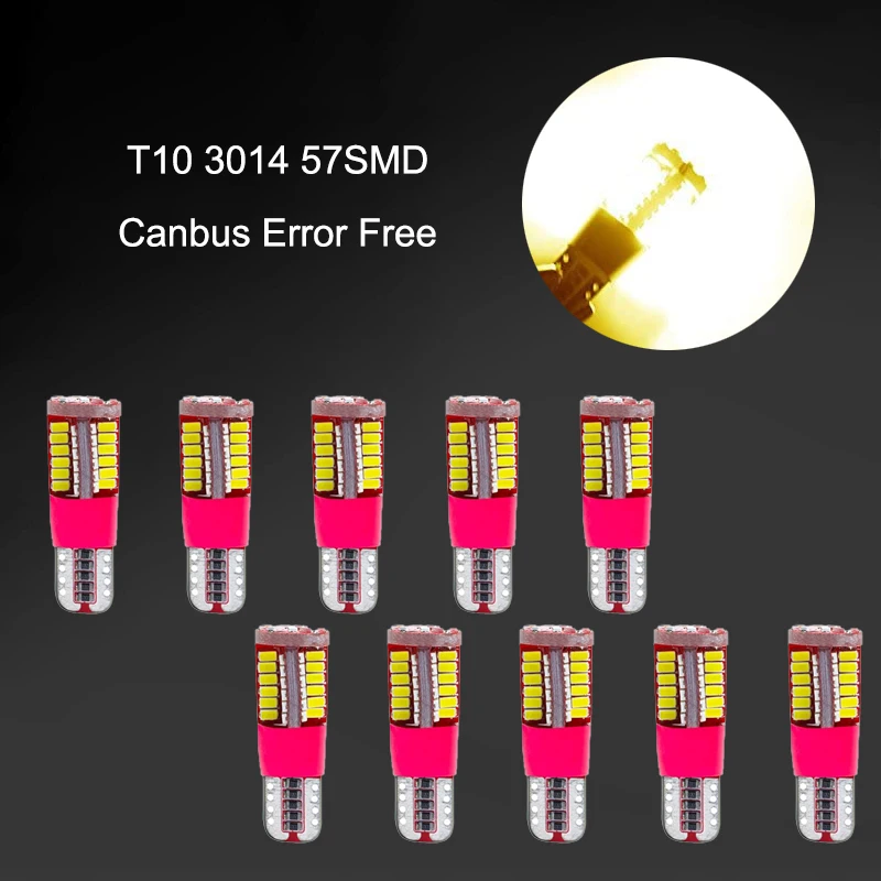 

10Pcs Yellow T10 12V W5W 3014 57SMD LED Canbus Error Free Car Bulbs For 192 168 194 2825 Side Marker Lights Interior Lights