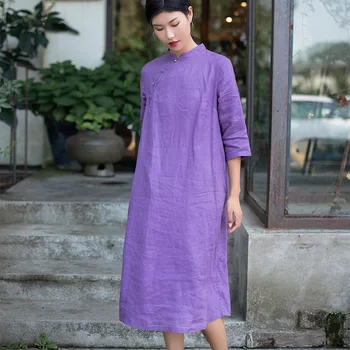 

SCUWLINEN 2020 Women Spring Autumn Dress Solid Stand Collar Plate Buttons Long Linen Dresses Zen Improved Cheongsam S508