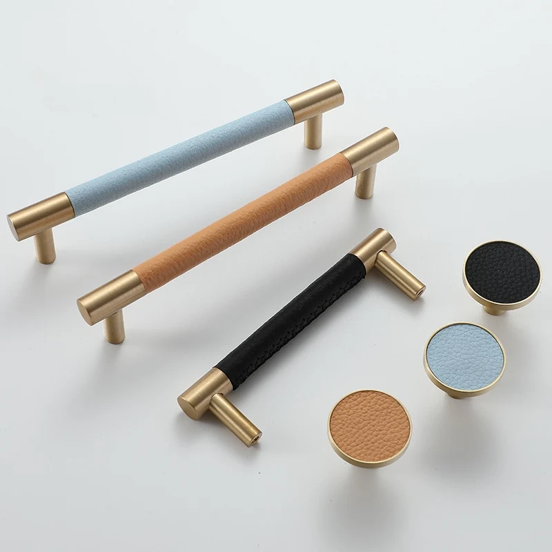 Нордическая кожа + латунная ручка шкафа ящика декоративная кухонная дверная